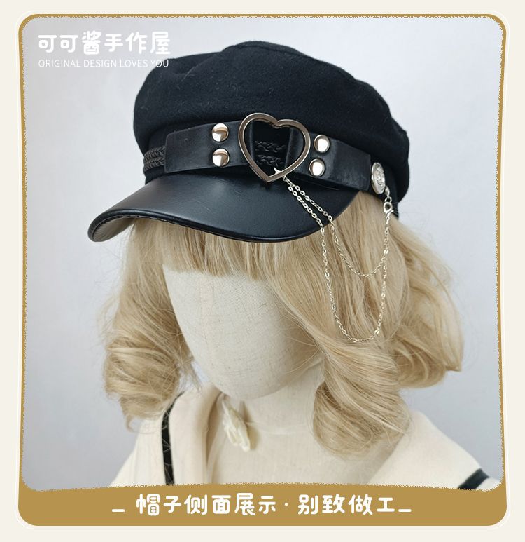 Original Woolen Military Lolita Beret Octagonal Hat Metal Hard Girl Joker Girl Punk Gothic Hat for Women