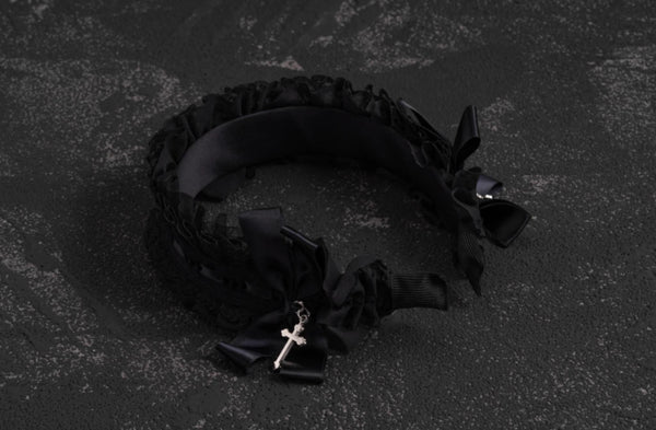 Black Gothic Lolita lace headband with bows and cross pendant