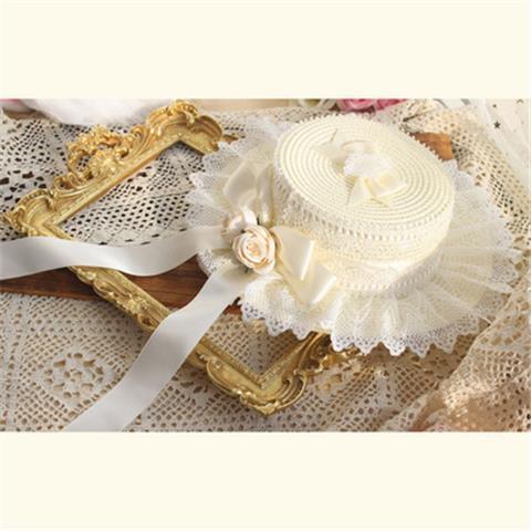 Lolita Straw Hat Mori Style Sweet Bowknot French Girl Flower Sun Hat Lolita Flat Top Hat Straw Hat