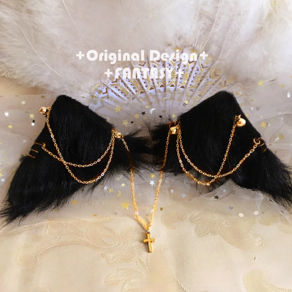 Original Handmade Lolita Chain Black Cat Ear Gothic Style Exotic Beast Ear Hair Clip Cosplay Comic Exhibition