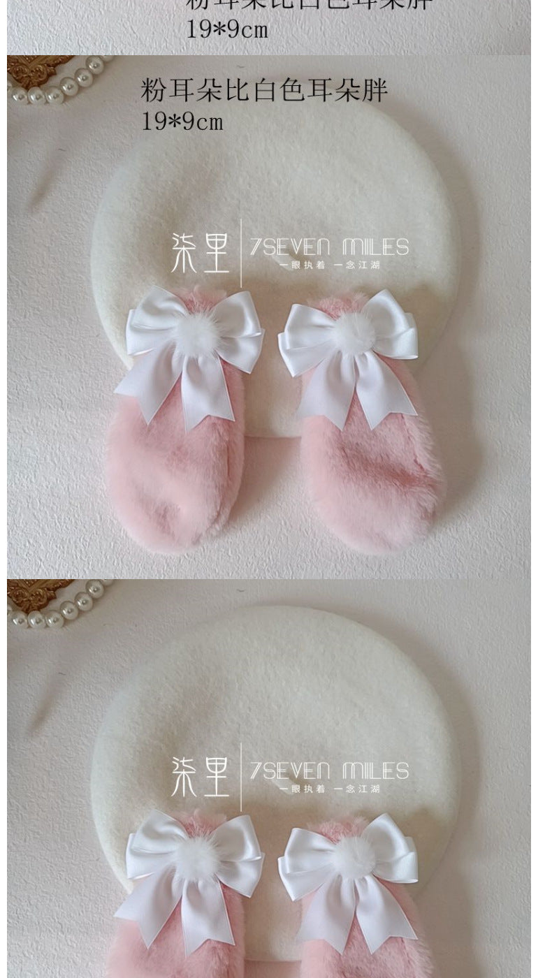 Long-Eared Rabbit  Beret Handmade Bow Lolita Girl Sweet Cute Woolen Hat for Women