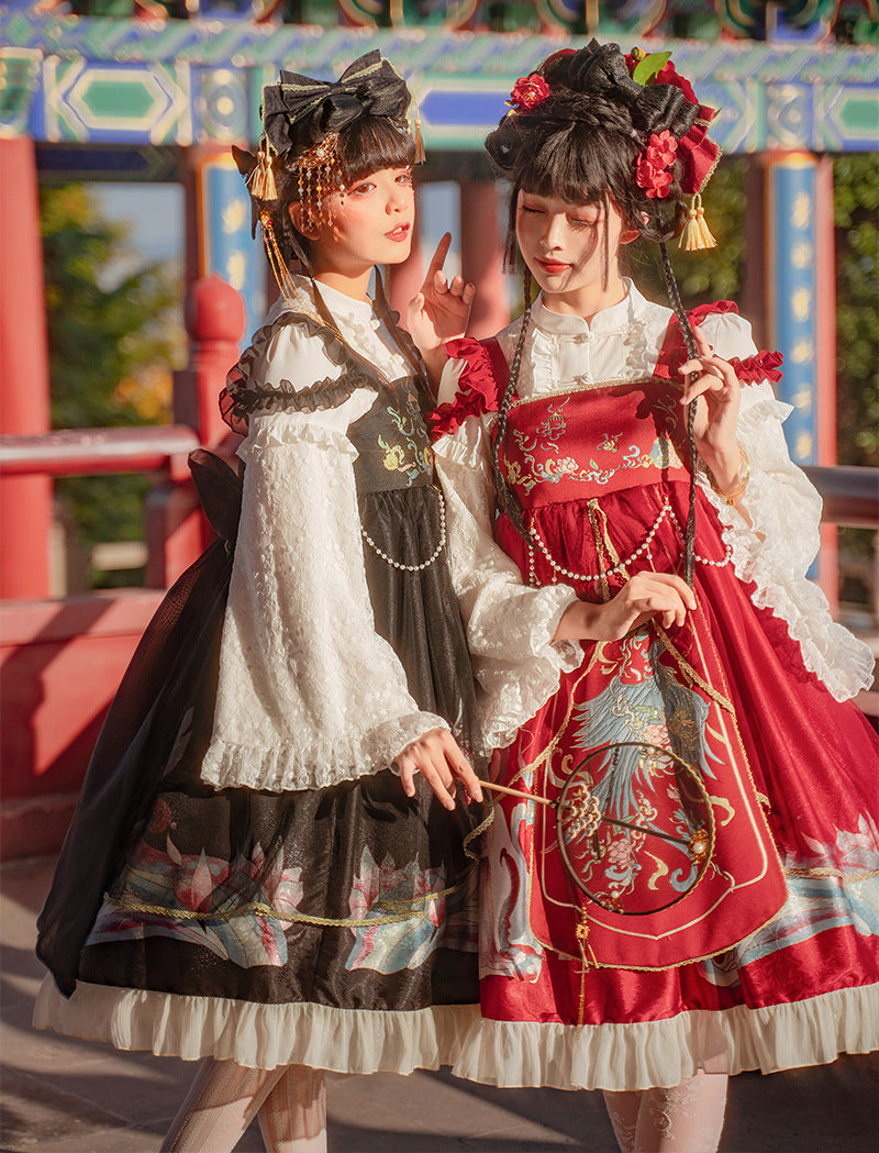 Morning Dew Hanfu - Inspired Lolita JSK | Gold - Woven Phoenix & Detachable Bead Chain