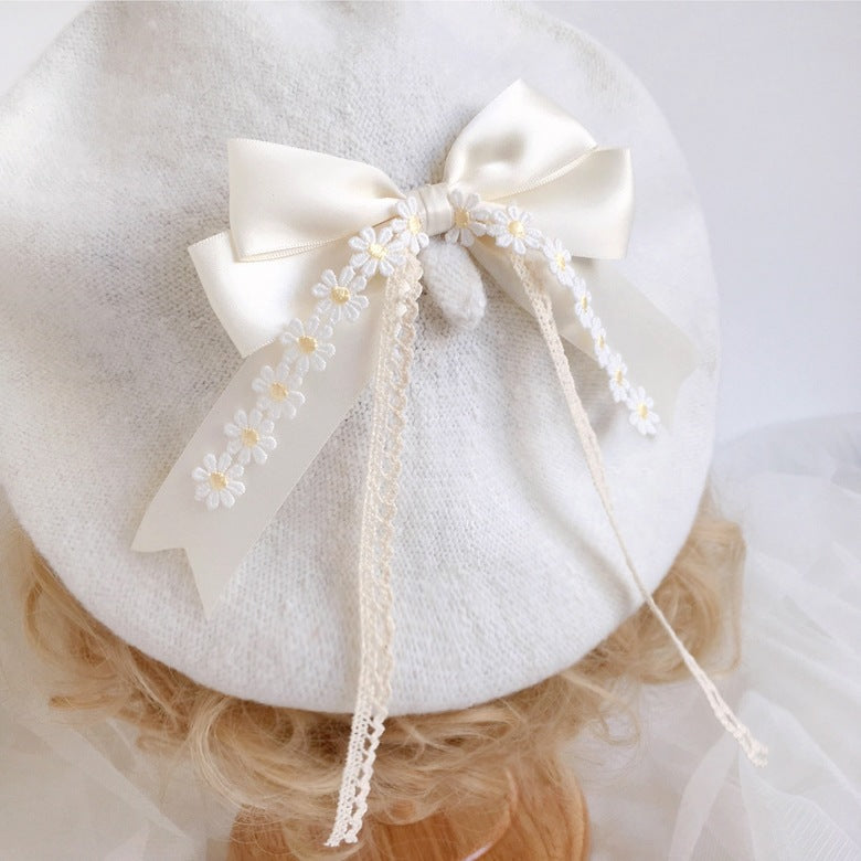 Original Japanese Handmade Mori Style Bow Beret Daisy Lace Soft Cute Lolita Handmade Lace