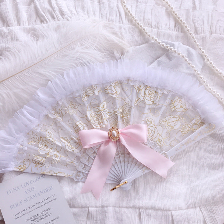 Gothic Style Lolita Lace Dress - Black Gold & White Gold Cross Rose Design with Folding Fan Photo Prop