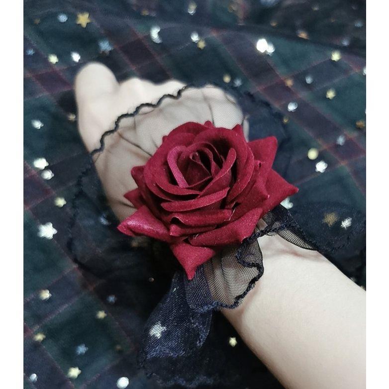 Dark Lolita Lace Wrist Cuffs for Women, Burgundy Rose Dress Cuffs with Wrist Flowers