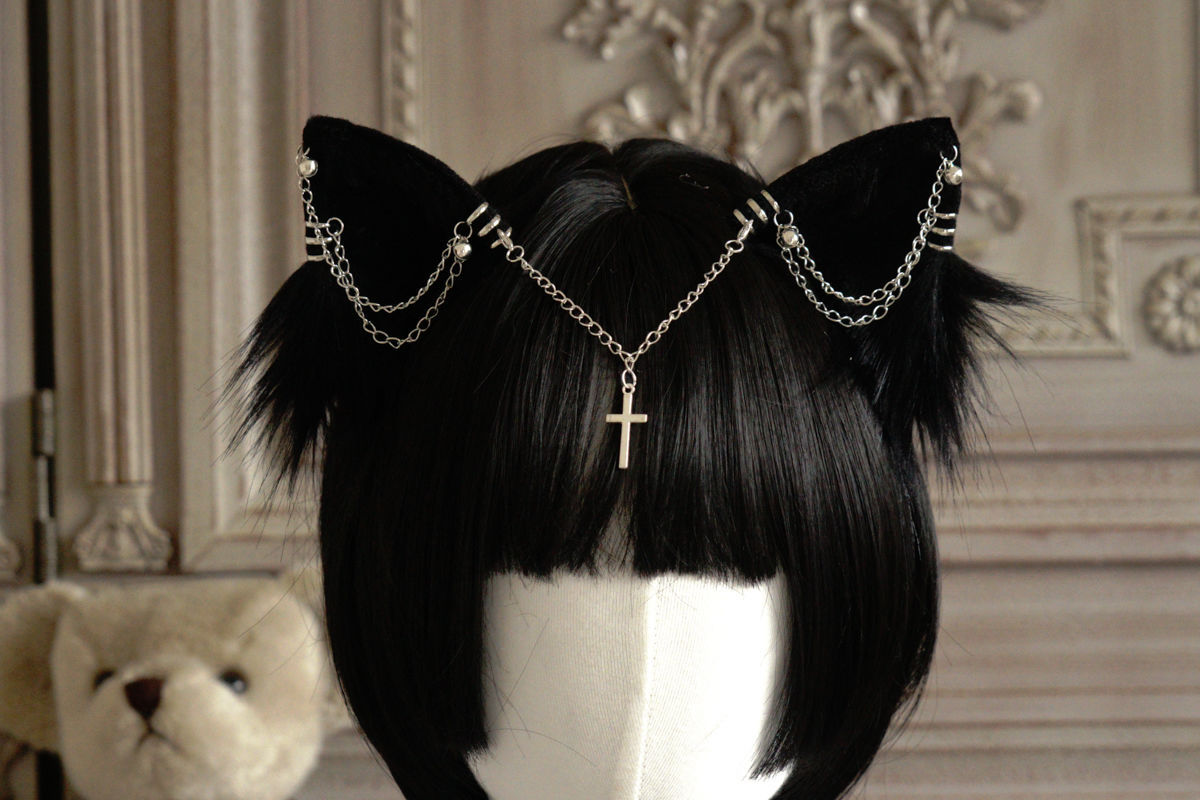 Original Handmade Lolita Chain Black Cat Ear Gothic Style Exotic Beast Ear Hair Clip Cosplay Comic Exhibition