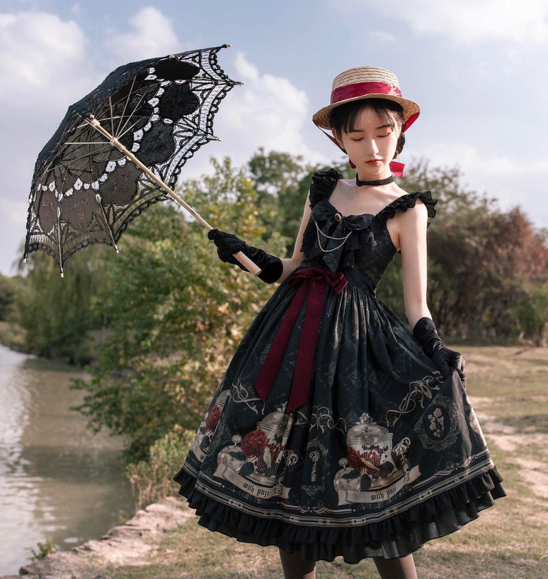 With PUJI - Nightingale and Rose - Classic Lolita Chiffon Dress, Rose & Birdcage Print