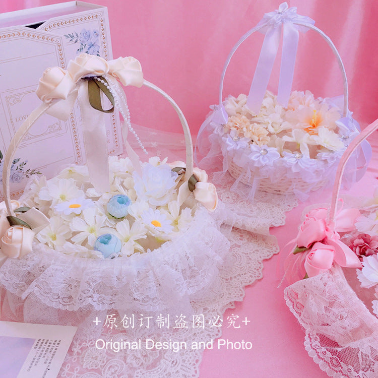 Lolita Rattan Picnic Basket Bow Lace Flower Basket CLA Flower Basket Ins Picnic Basket