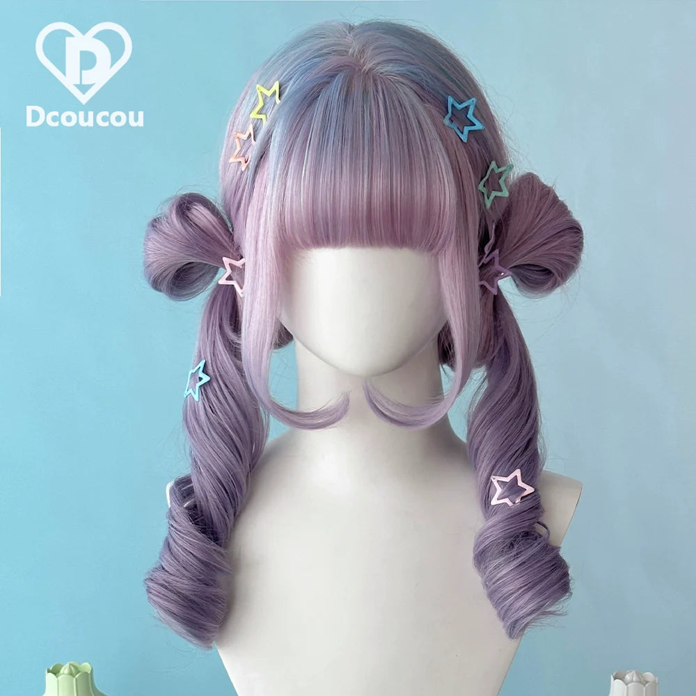 Dcoucou - Heartless Bunny - 45cm Long Curly Hair Tiger Clip Double Ponytails Lolita Wig