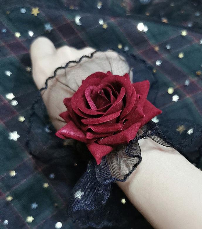 Dark Lolita Lace Wrist Cuffs for Women, Burgundy Rose Dress Cuffs with Wrist Flowers