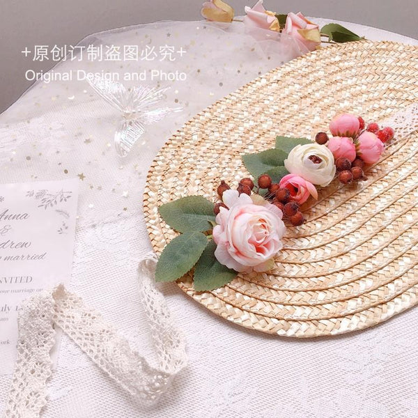 Handmade Straw Hat Flat Hat Lolita Handmade Tea Party Pastoral Bonnet