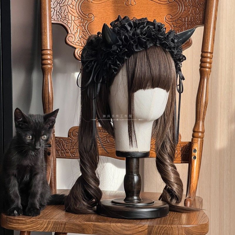 Original Handmade Lolita Multi-color Devil Horn Gothic Headband Multi-layer Lace Trim Hair Accessory