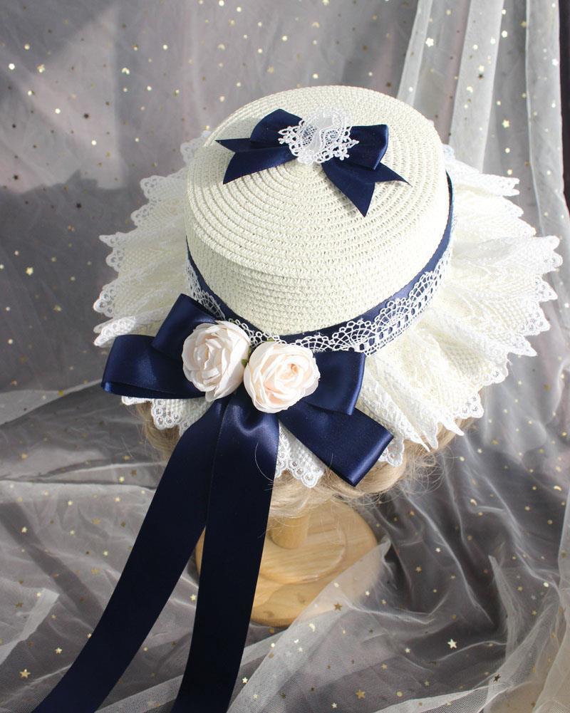 Lolita Straw Hat Mori Style Sweet Bowknot French Girl Flower Sun Hat Lolita Flat Top Hat Straw Hat