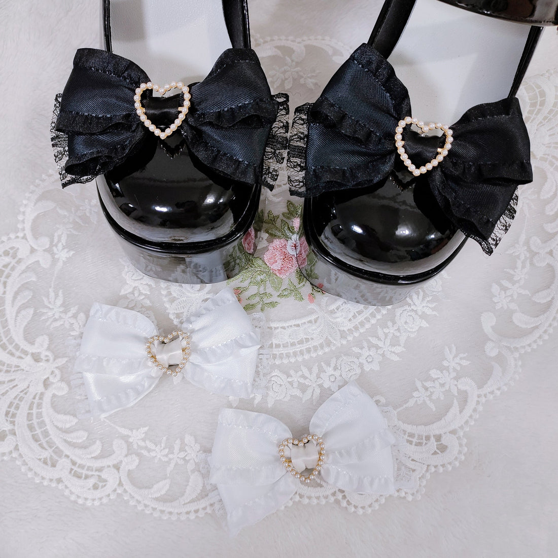 Original Handmade  Lolita Bow Shoe Clip - Sweet Cute Lace & Pearl Heart Versatile Basic Accessory