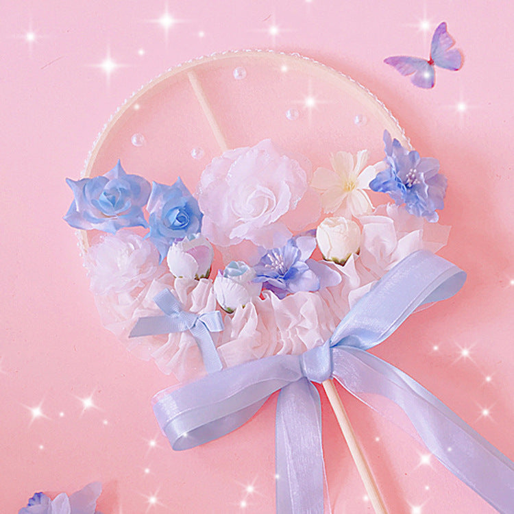 Original Handmade Blue Sakura Lolita Long Handle Round Fan Gorgeous Tea Party Lolita Fairy Wand Photo Prop
