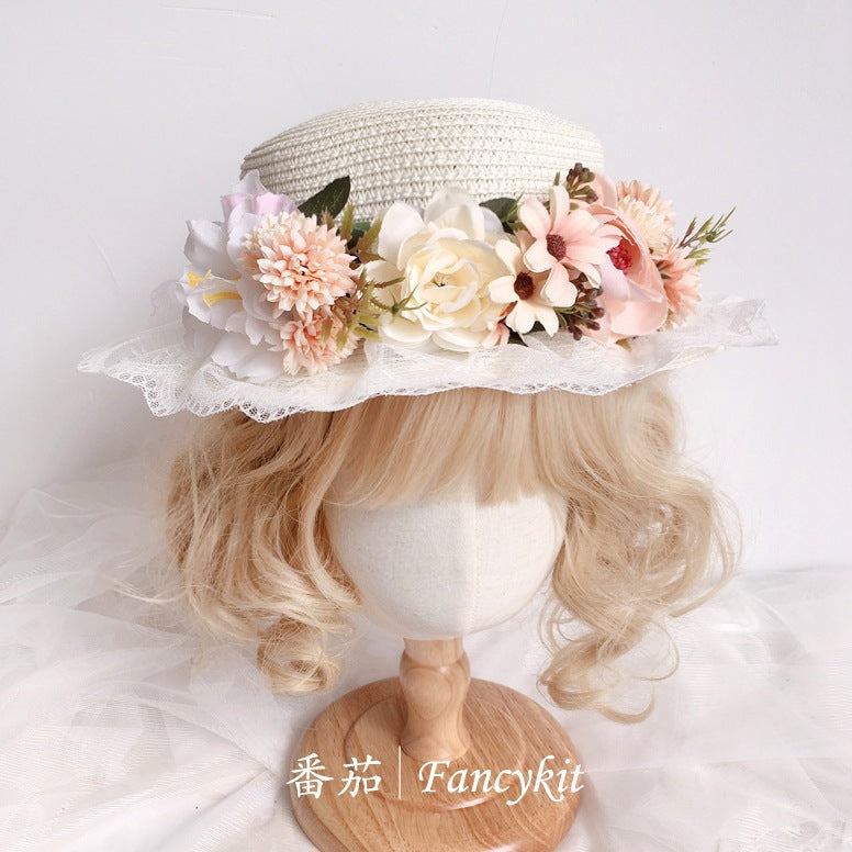 Handmade Lolita Retro Artificial Flower Straw Hat Bonnet French Pastoral Hat Photo Hat Sun Hat