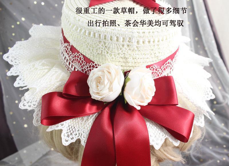 Lolita Straw Hat Mori Style Sweet Bowknot French Girl Flower Sun Hat Lolita Flat Top Hat Straw Hat