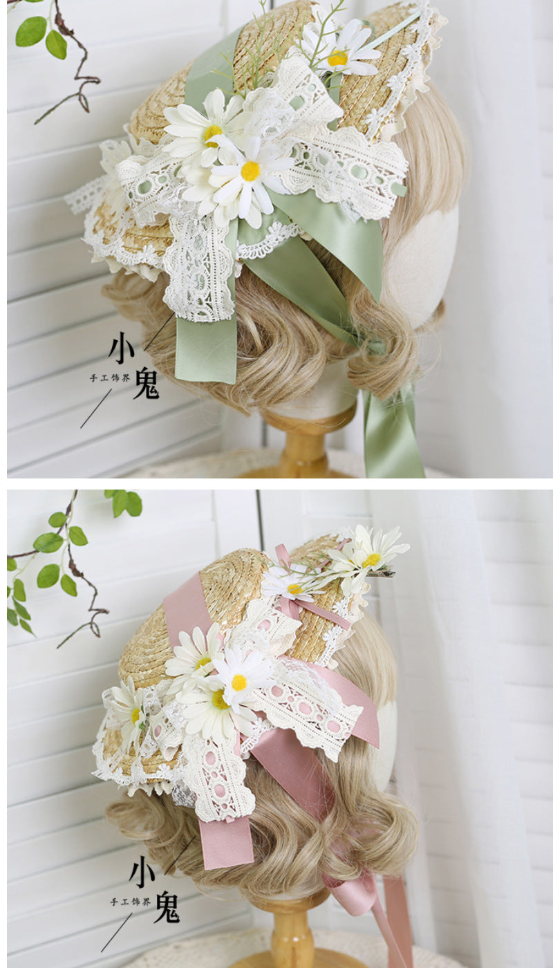Original Lolita Straw Hat Flower Elegant Flat Hat Top Hat Bridal Tea Party Gorgeous Hat Han Western Eclectic Reminiscence