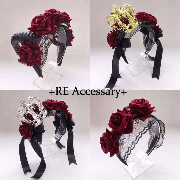 Christmas Gothic Crown Red Rose Headband Lolita Ribbon Hair Accessory Vintage Festival Party Veil Accessory