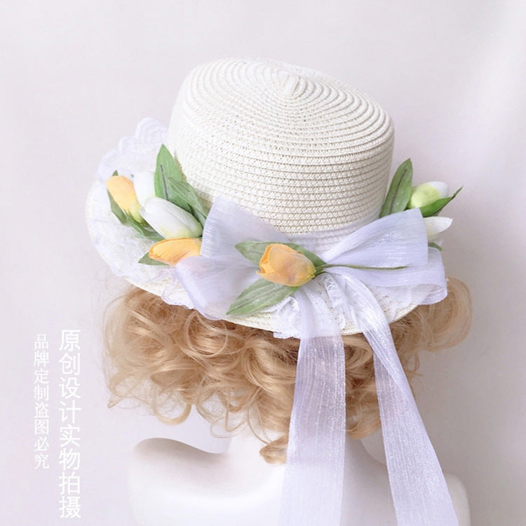 Handmade Yellow Tulip Straw Bag Lolita French Style Straw Hat Sun Hat Fairy Classical Woven Basket