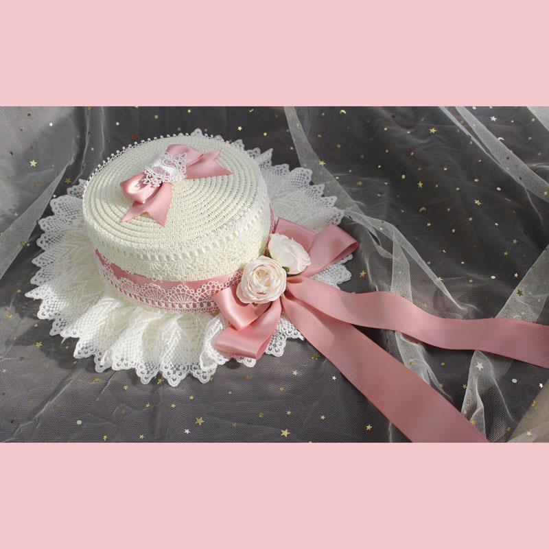 Lolita Straw Hat Mori Style Sweet Bowknot French Girl Flower Sun Hat Lolita Flat Top Hat Straw Hat