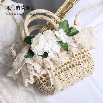 Handbag Paper Straw Woven Original Handmade Lace Flower Lolita Soft Girl Pastoral Style 2022 New Beach Bag