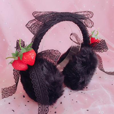 Christmas Warm Winter Lolita Plush Ear Muffs Strawberry Cat Ear Cute Ear Muffs Beautiful Lace Ear Covers