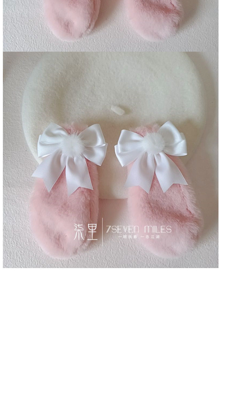 Long-Eared Rabbit  Beret Handmade Bow Lolita Girl Sweet Cute Woolen Hat for Women