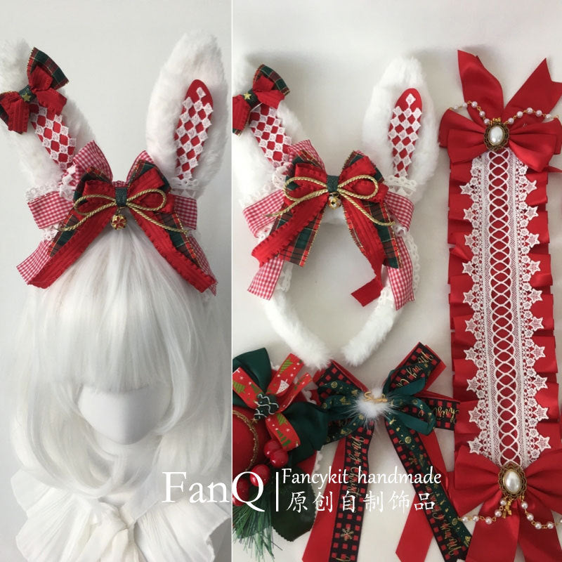 FanQ Handmade Christmas Bowknot Bunny Ear Headband KC - Small Snowball & Small Hat Lolita Hair Clip Accessory