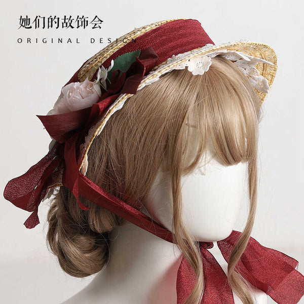 Lolita Flower Straw Hat for Women Summer Flat Hat Lolita Sun Protection Shade Han Yang Eclectic Mori Style Hat for Women - Lolita Fetch