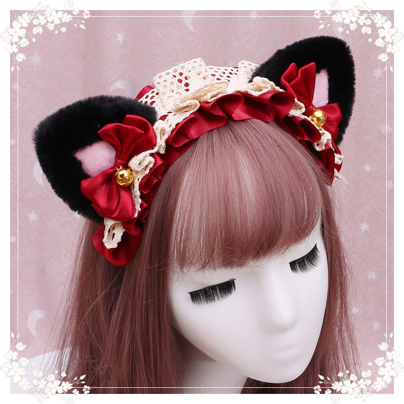 Adorable Japanese Lolita Hair Accessories Cat Girl Plush Lolita Headwear Lace Cat Ear Headband