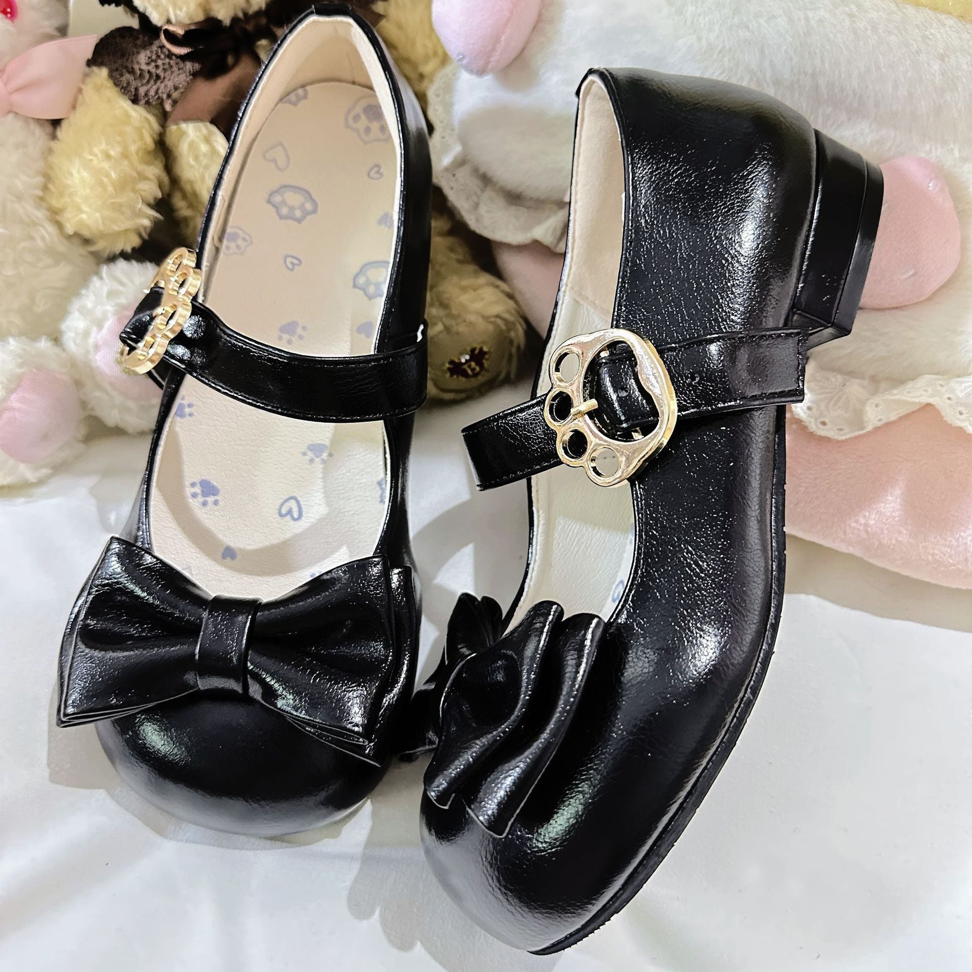 "Meow Roundy" Mid-Low Heel Lolita Shoes with Bows | Versatile Cute Girls' Leather Flats