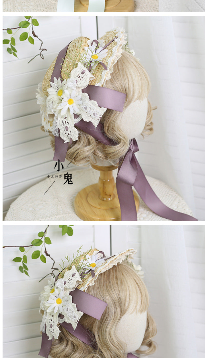 Original Lolita Straw Hat Flower Elegant Flat Hat Top Hat Bridal Tea Party Gorgeous Hat Han Western Eclectic Reminiscence