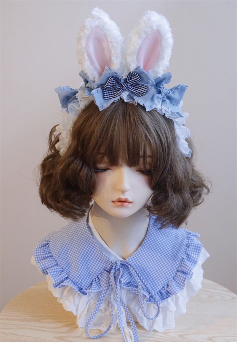 Original Handmade Light Blue Rabbit Ear Headband with Ruffled Edge Lolita Animal Ear Alice