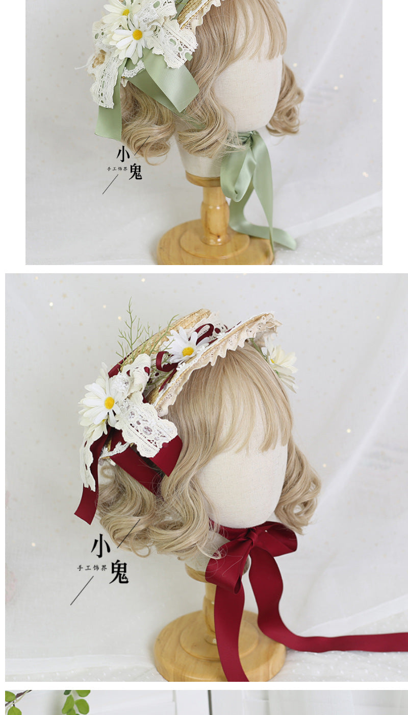 Original Lolita Straw Hat Flower Elegant Flat Hat Top Hat Bridal Tea Party Gorgeous Hat Han Western Eclectic Reminiscence