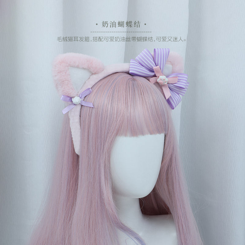 Handmade Lolita Cream Cat Ear Headband - Plush Kawaii Hair Accessory