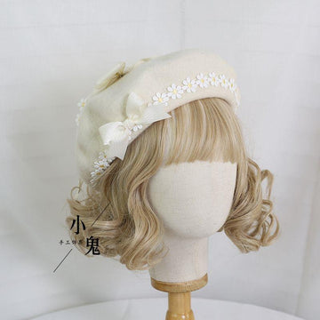 Handmade Original Mori Style Bowknot Beret Hat with Daisy Lace Soft Cute Lolita Handmade Beret Hat