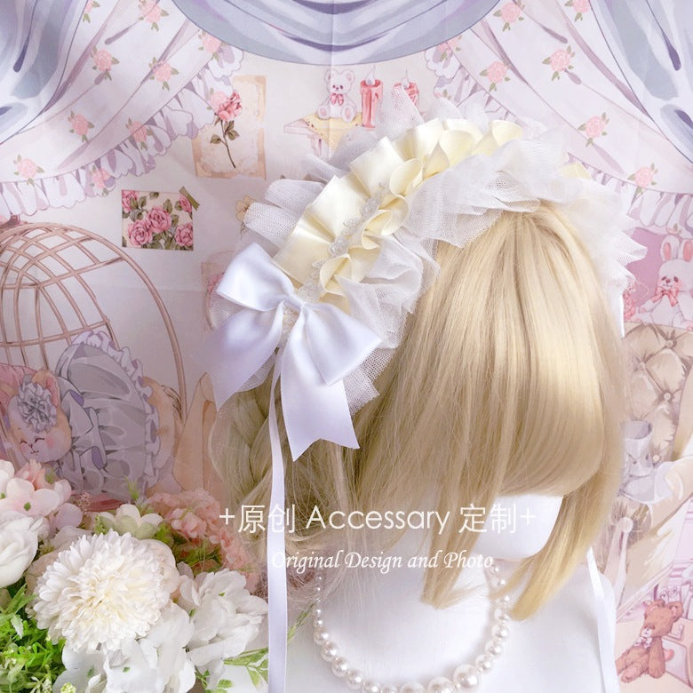 Homemade Doll-Style Lace Headband Lolita Hair Accessory Natural Color Hair Ornament Pink and White Bridal Handmade Small Item