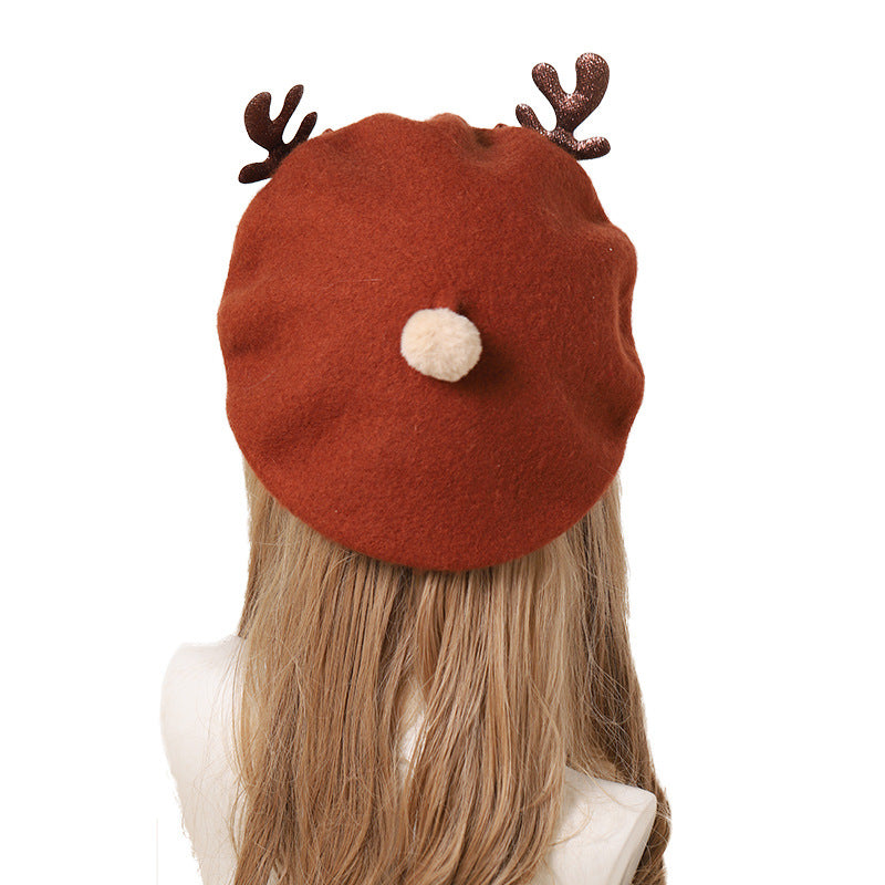 Cute Deer  Soft Girl Lolita Bowknot Beret Painter Hat Handmade Antler Hat