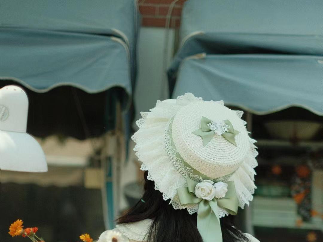 Lolita Straw Hat Mori Style Sweet Bowknot French Girl Flower Sun Hat Lolita Flat Top Hat Straw Hat