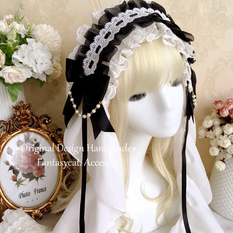 Fanmao Original Lolita White Nun Veil Headscarf Wedding Lolita Headwear Pearl Hairband