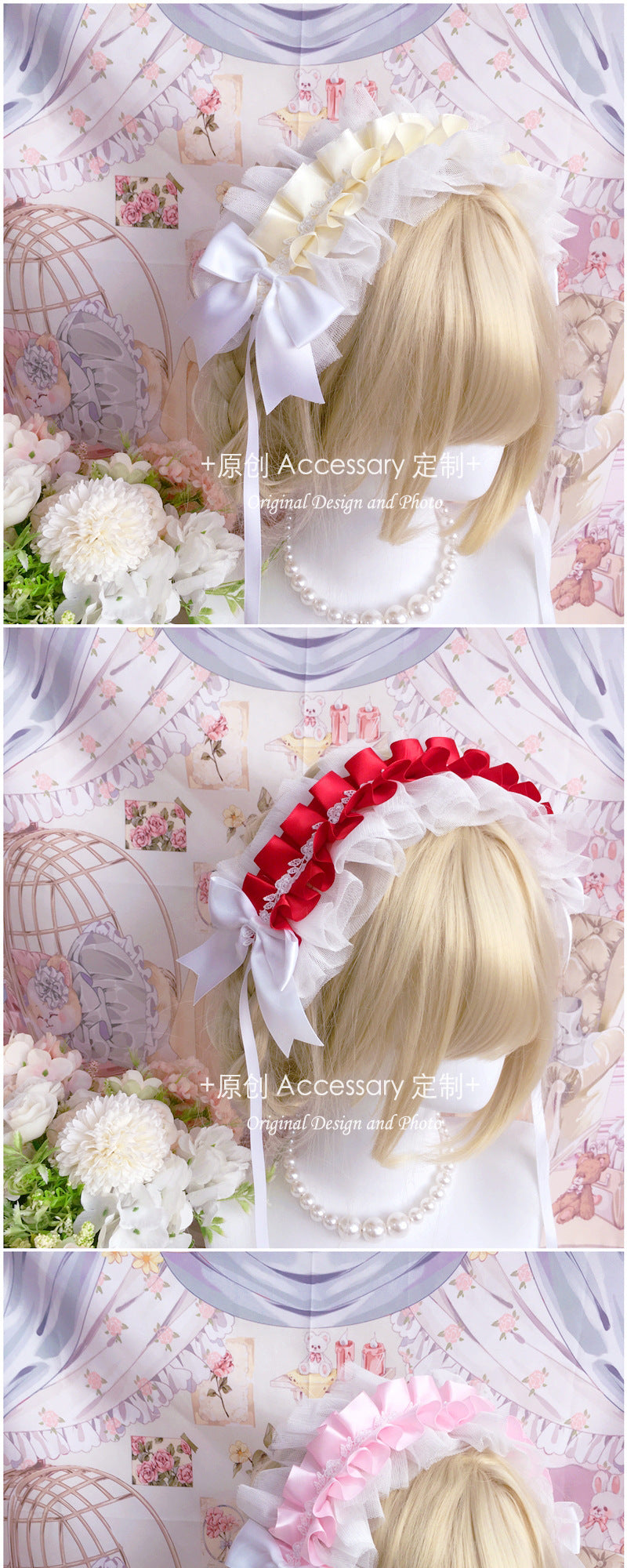 Homemade Doll-Style Lace Headband Lolita Hair Accessory Natural Color Hair Ornament Pink and White Bridal Handmade Small Item