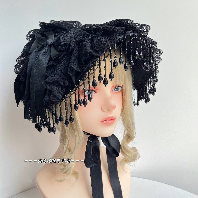 Original Lolita Handmade Gothic Dark Widow Hat Black Pearl Tassel Lace Black Rose Feather Photo Prop