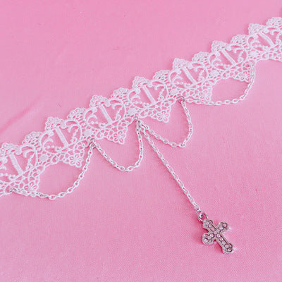 Gothic Retro Cross Choker Soft Girl Lolita Lace Short Necklace Collarbone Chain Accessory