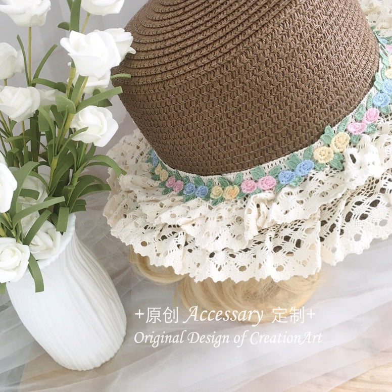 French Lolita Lace Trim Straw Hat for Women Summer Wide Brim Flat Top Sun Hat Beach Sunshade