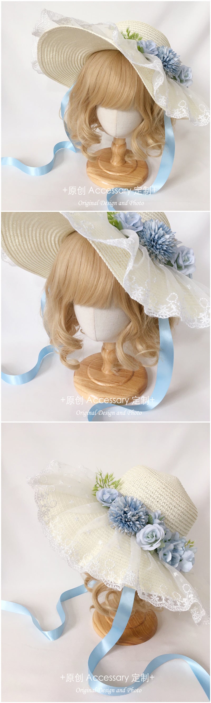 Original Handmade Lolita Sun Hat for Outings and Photos with Flower Bow Lace Wide Brim Sun Hat Straw Hat
