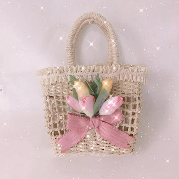 Original Lolita Tulip Lace Pastoral Handbag Bowknot Han-Yang Eclectic Straw Bag Elegant Lolita