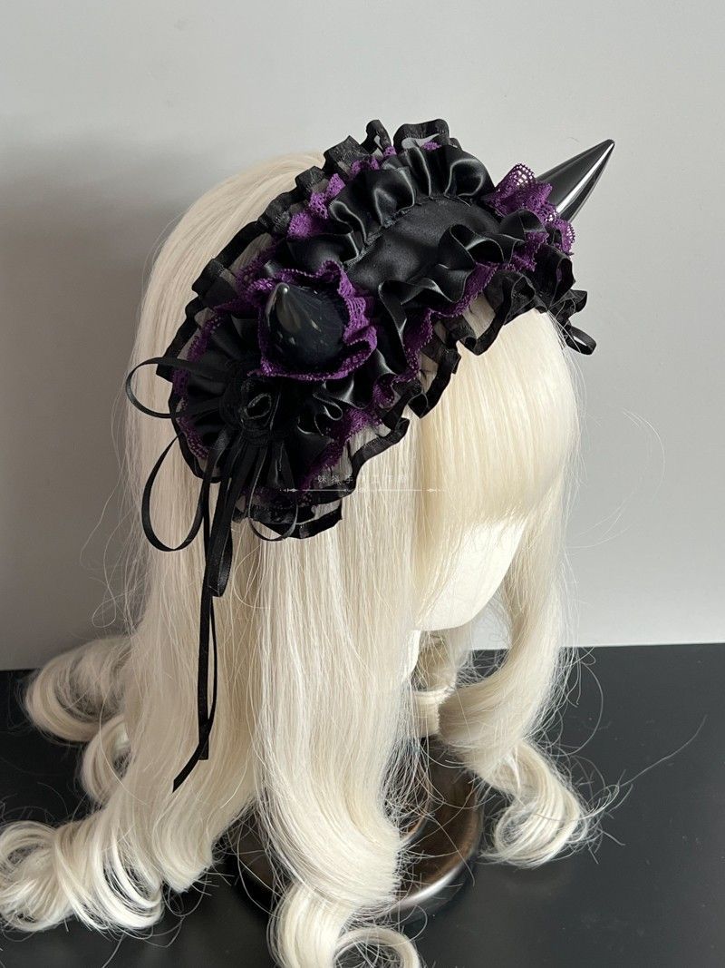 Original Handmade Lolita Multi-color Devil Horn Gothic Headband Multi-layer Lace Trim Hair Accessory