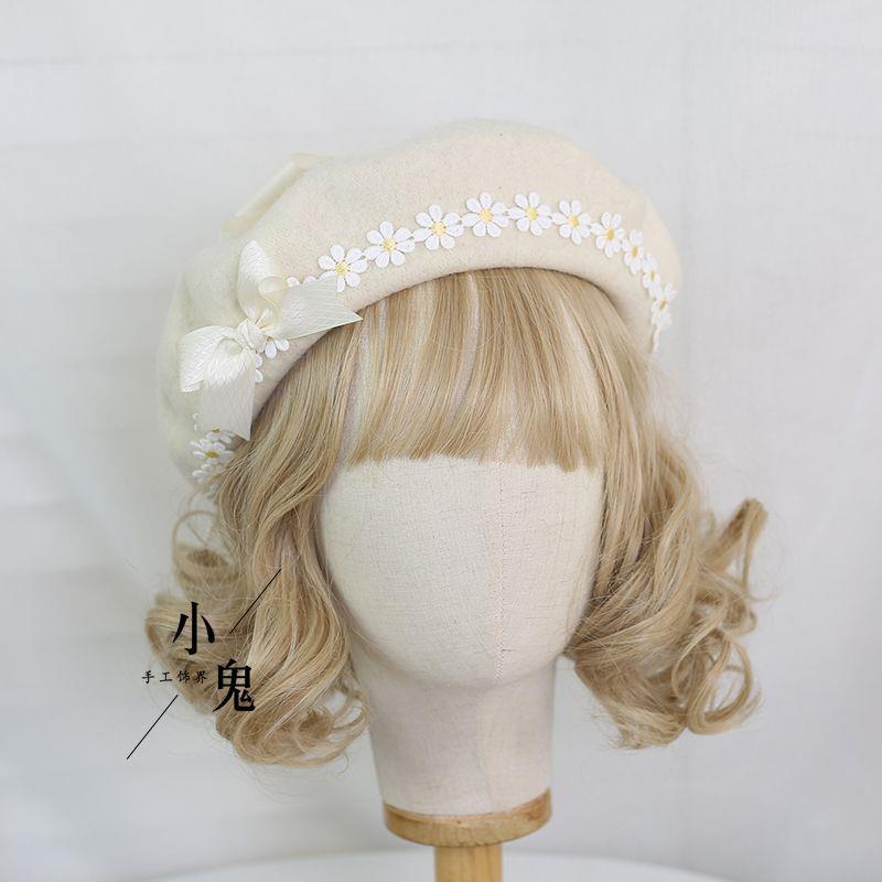 Handmade Original Mori Style Bowknot Beret Hat with Daisy Lace Soft Cute Lolita Handmade Beret Hat