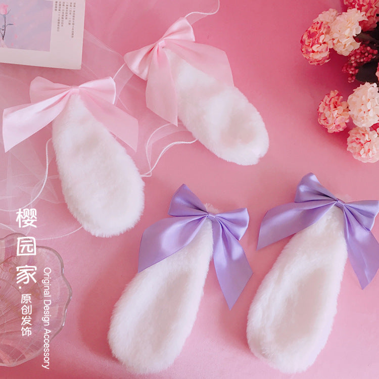 Handmade Lolita Bunny Ear Hair Accessories Lop Bunny Hair Clip Soft Girl Bowknot Plush Bunny Ear Lop Bunny Kc Headwear